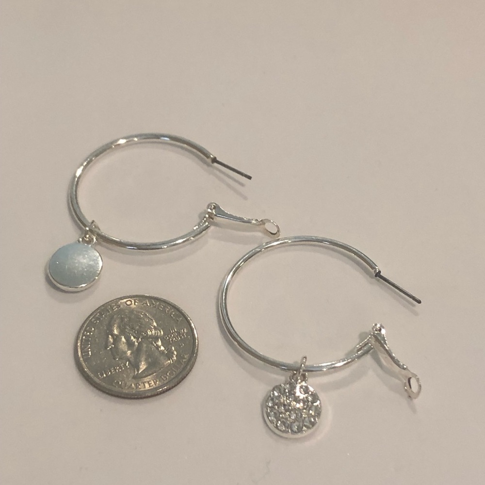 Silver Tone Hoop Earrings w/ Crystal Coin - Picture 3 of 4